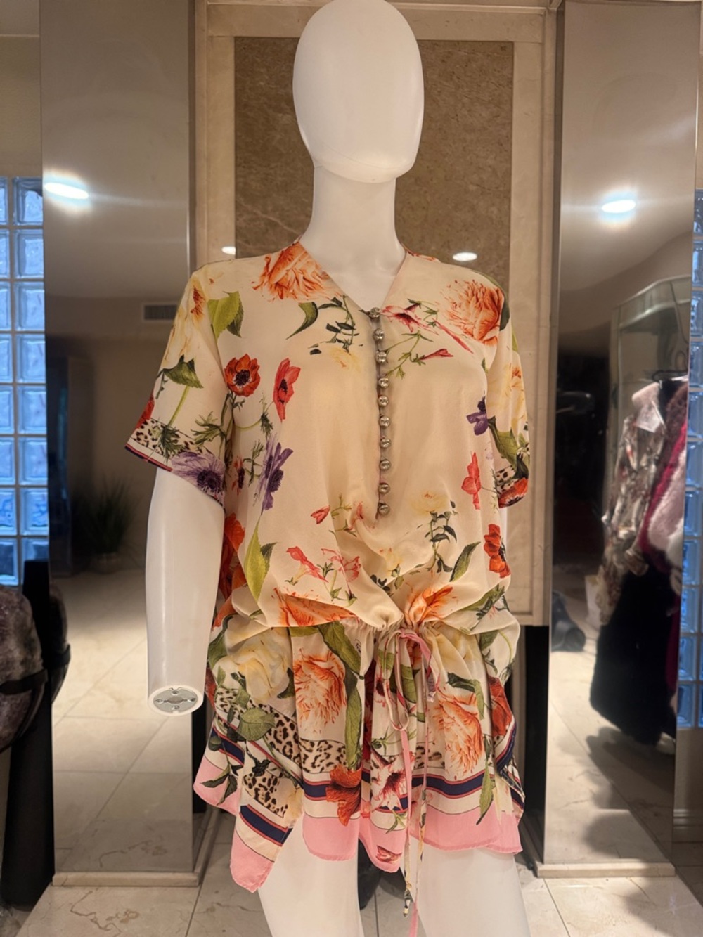 Roberto Cavalli 100% Silk Floral Blouse – Vintage Y2K Garden Tie-Waist Tunic Top